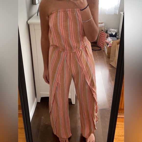 Anthropologie Drew Linen Strapless Jumpsuit Rainbow Stripe Split - Picture 5 of 6